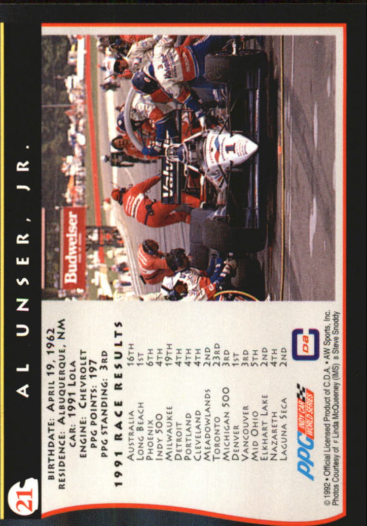 1992 All World Indy #21 Al Unser Jr. back image