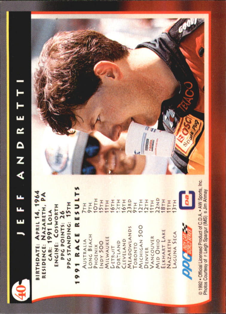 1992 All World Indy #40 Jeff Andretti back image