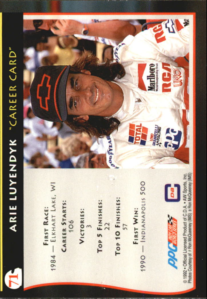 1992 All World Indy #71 Arie Luyendyk C back image