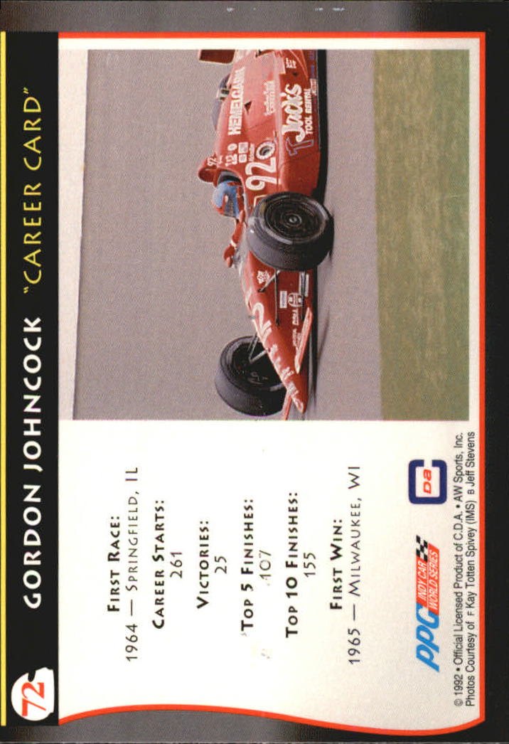 1992 All World Indy #72 Gordon Johncock C back image