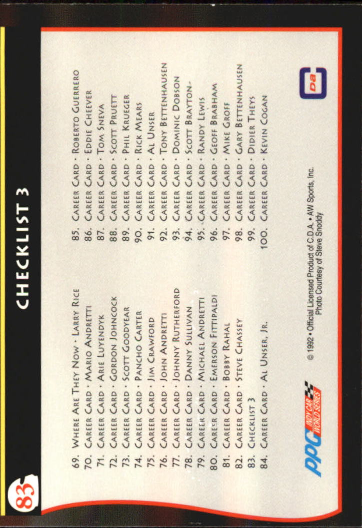 1992 All World Indy #83 Checklist back image