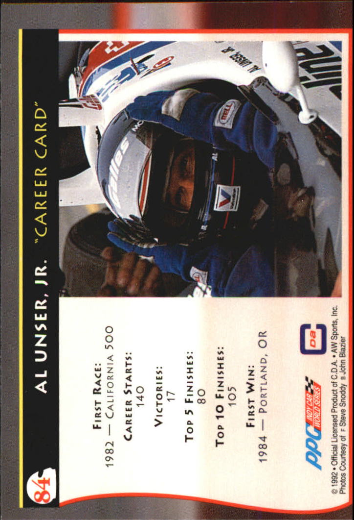 1992 All World Indy #84 Al Unser Jr. back image