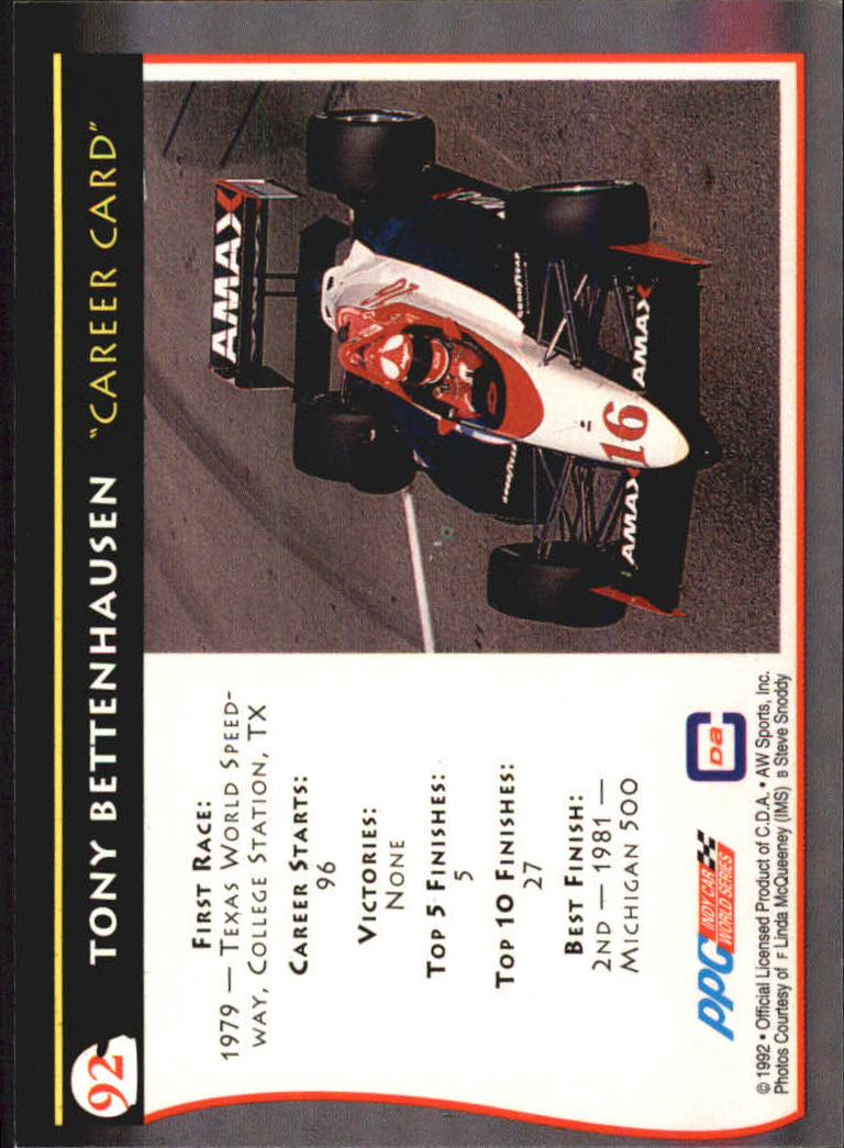 1992 All World Indy #92 Tony Bettenhausen back image