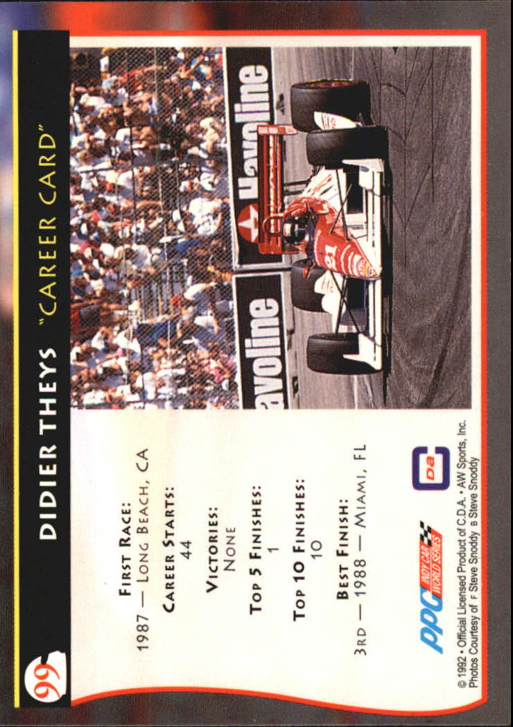 1992 All World Indy #99 Didier Theys back image