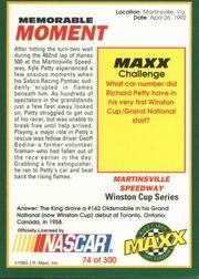 1993 Maxx #74 Kyle Petty's Car/Memorable Moment back image