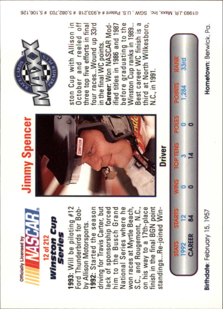 1993 Maxx Premier Plus #12 Jimmy Spencer back image