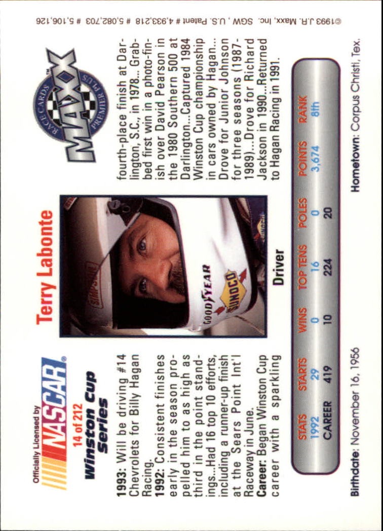 1993 Maxx Premier Plus #14 Terry Labonte back image