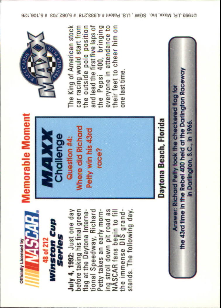 1993 Maxx Premier Plus #48 Richard Petty/Memorable Moment back image