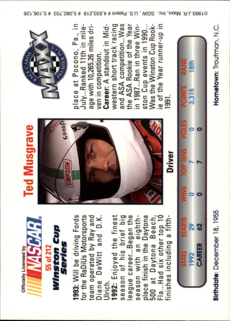 1993 Maxx Premier Plus #55 Ted Musgrave back image