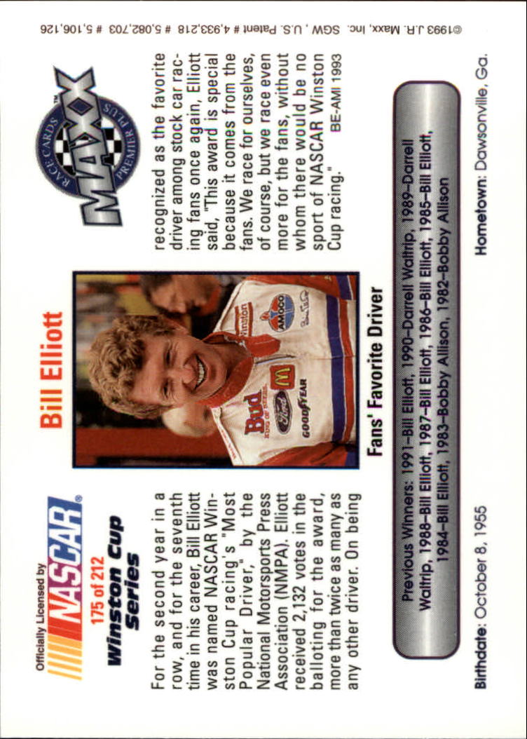 1993 Maxx Premier Plus #175 Bill Elliott/Fan's Favorite Driver back image