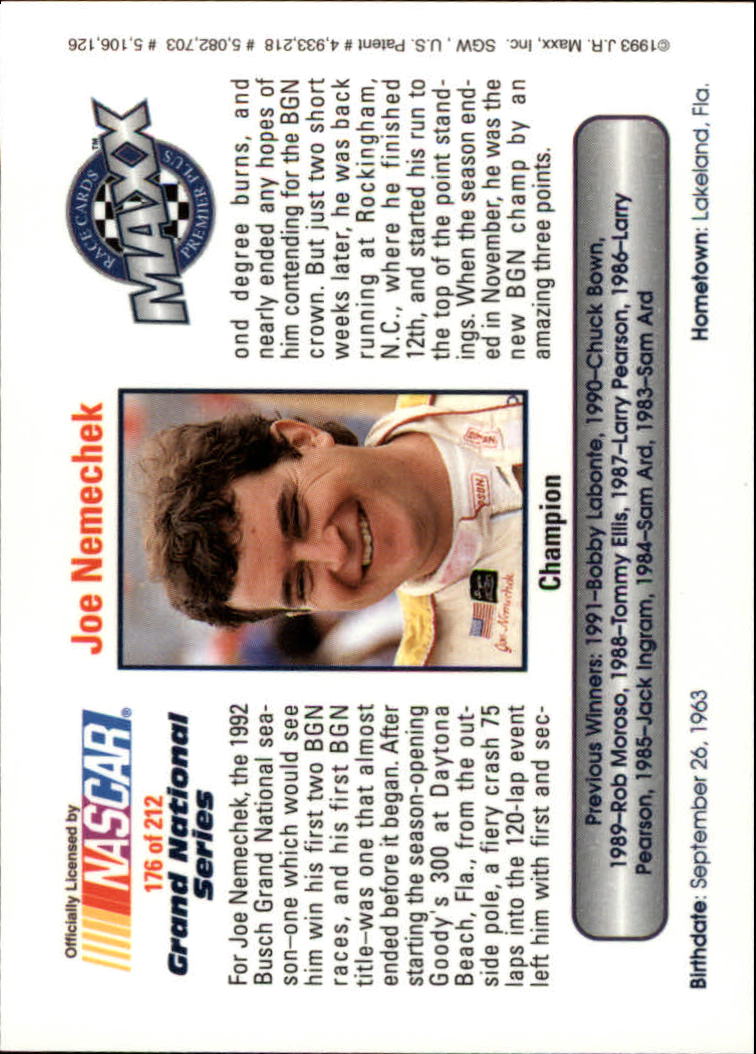 1993 Maxx Premier Plus #176 Joe Nemechek/BGN Champion back image