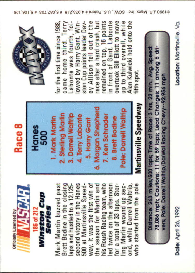 1993 Maxx Premier Plus #186 Mark Martin/Year in Review back image