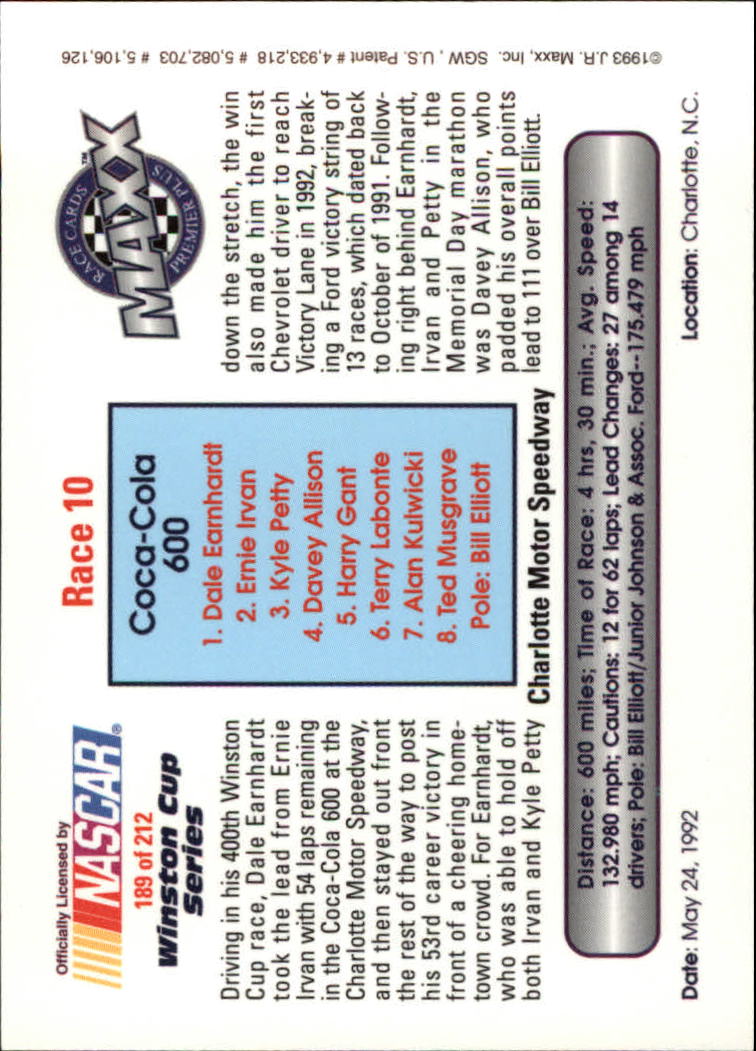 1993 Maxx Premier Plus #189 Dale Earnhardt/Kerry Earnhardt/Dale Earnhardt Jr./Year in Review back image