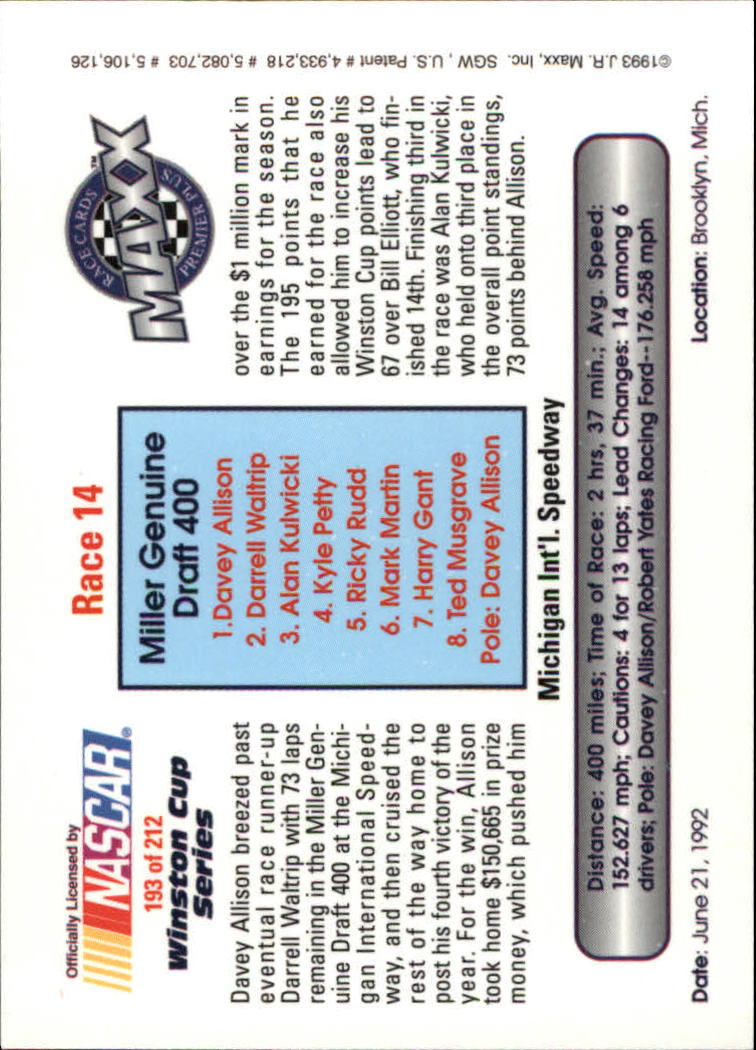 1993 Maxx Premier Plus #193 Davey Allison/Robert Yates/Larry McReynolds/Year in Review back image