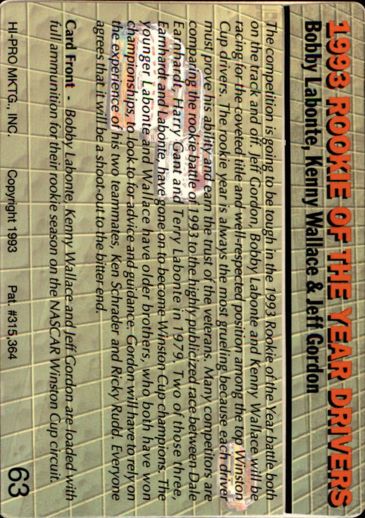1993 Action Packed #63 Jeff Gordon YG/Kenny Wallace/Bobby Labonte back image