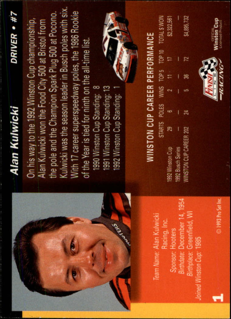 1993 Finish Line #1 Alan Kulwicki back image