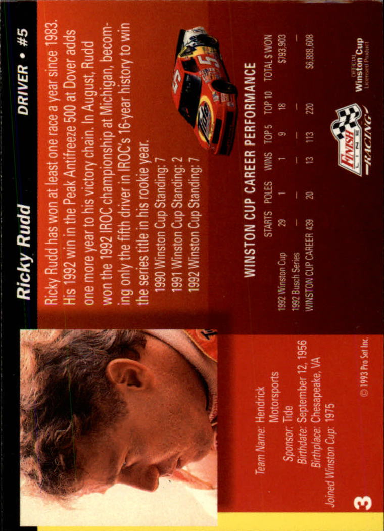 1993 Finish Line #3 Ricky Rudd back image