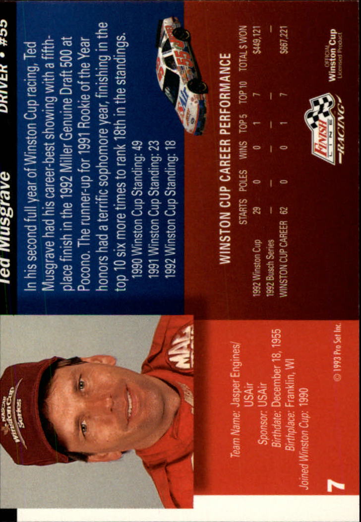1993 Finish Line #7 Ted Musgrave back image
