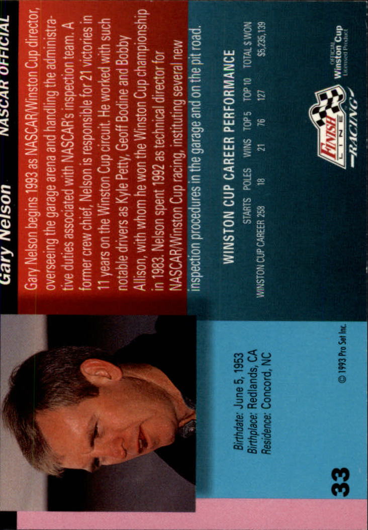1993 Finish Line #33 Gary Nelson back image