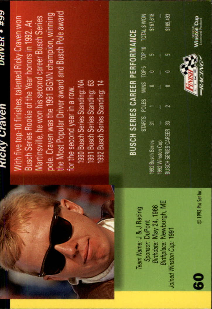 1993 Finish Line #60 Ricky Craven back image