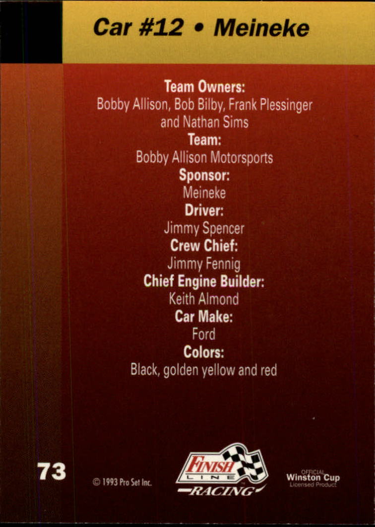 1993 Finish Line #73 Jimmy Spencer's Car back image