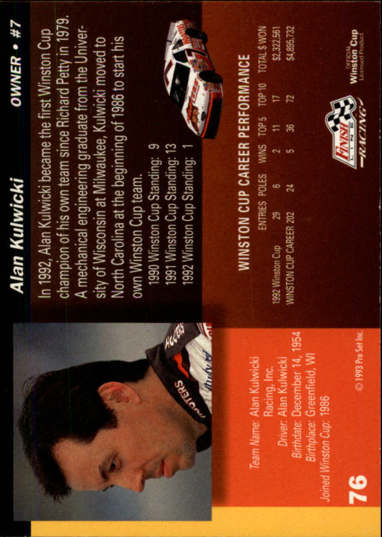 1993 Finish Line #76 Alan Kulwicki back image