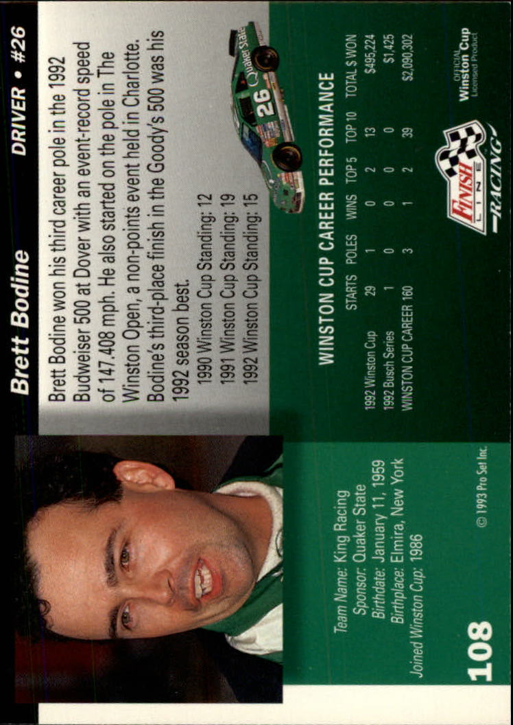 1993 Finish Line #108 Brett Bodine back image