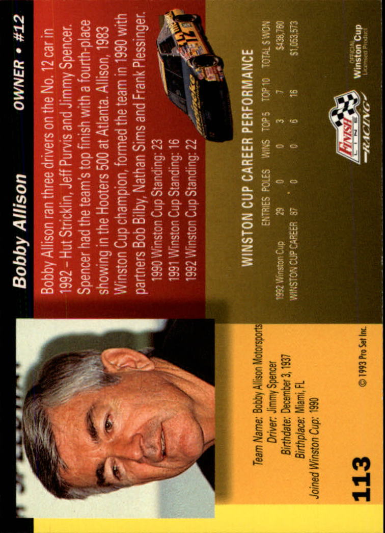 1993 Finish Line #113 Bobby Allison back image