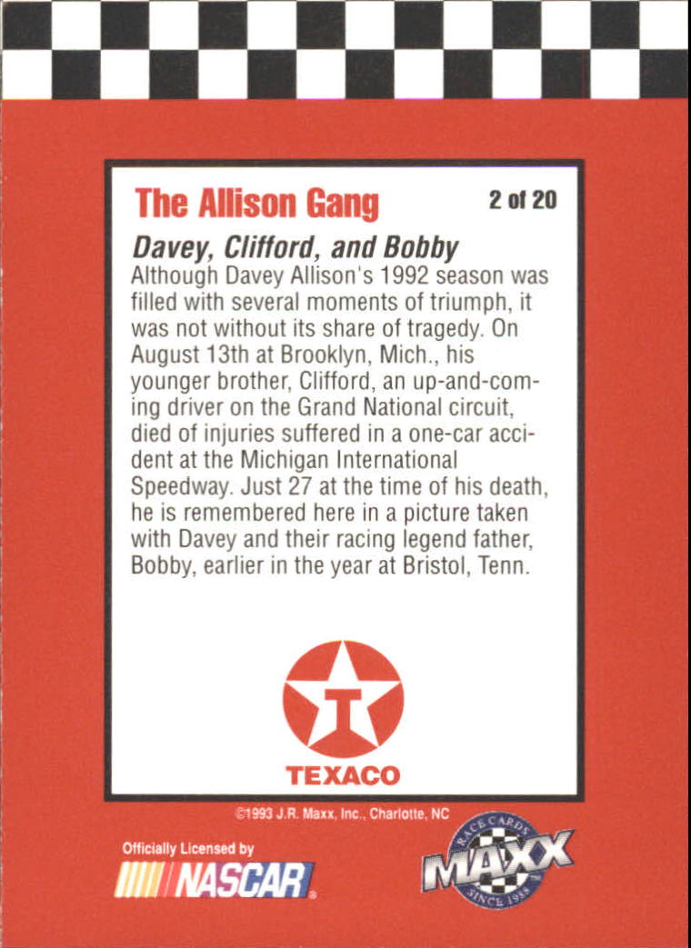 1993 Maxx Texaco Davey Allison #2 Dav.Allison/Cliff.Allison/Bob.Allison back image