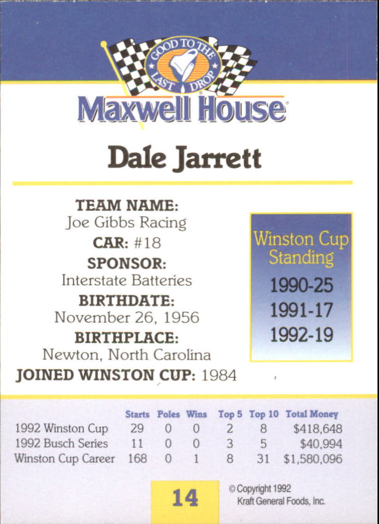 1993 Maxwell House #14 Dale Jarrett back image