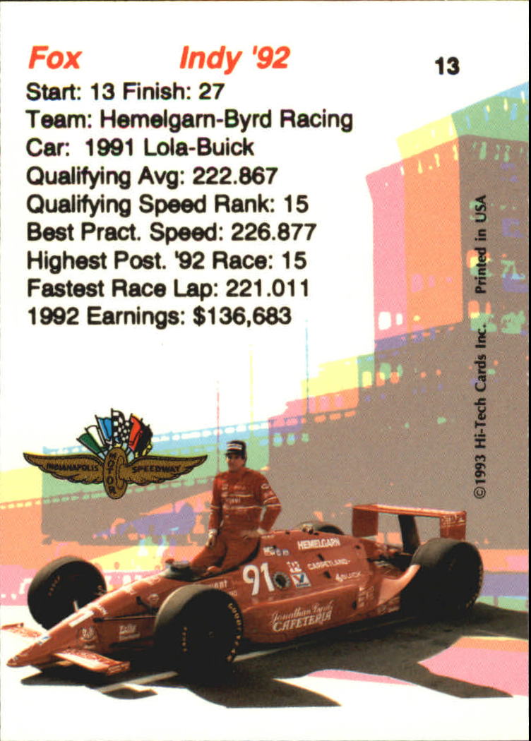 1993 Hi-Tech Indy #13 Stan Fox back image