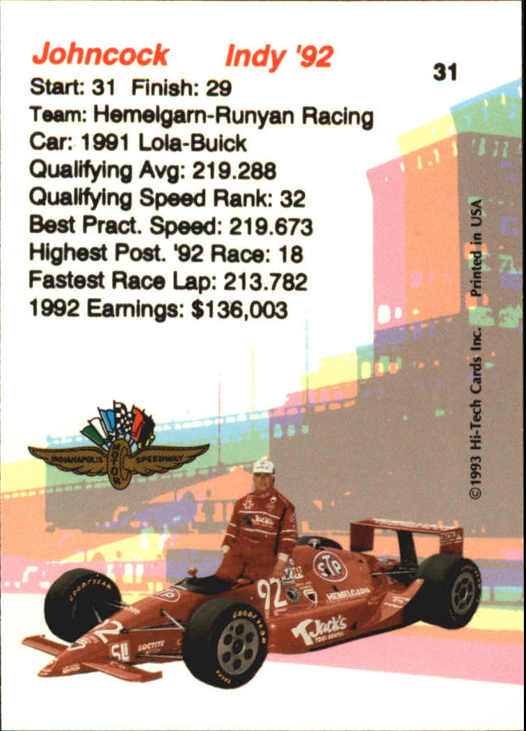 1993 Hi-Tech Indy #31 Gordon Johncock back image