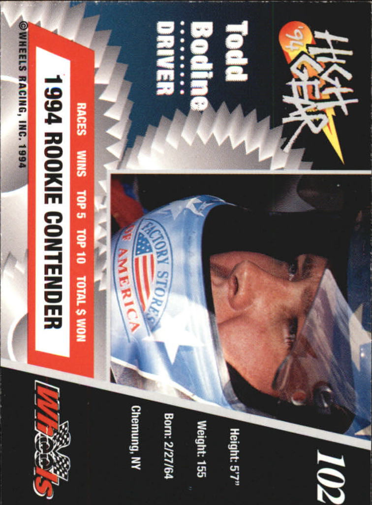 1994 Wheels High Gear Day One #102 Todd Bodine back image
