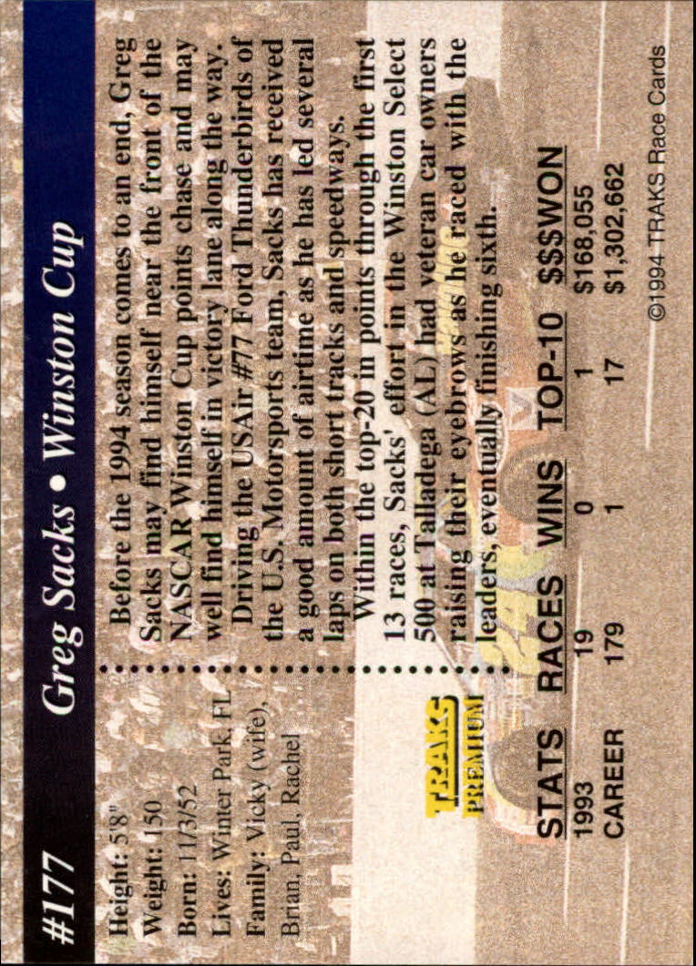 1994 Traks #177 Greg Sacks back image