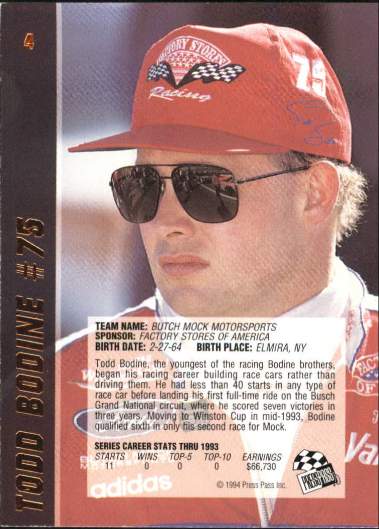 1994 VIP #4 Todd Bodine back image