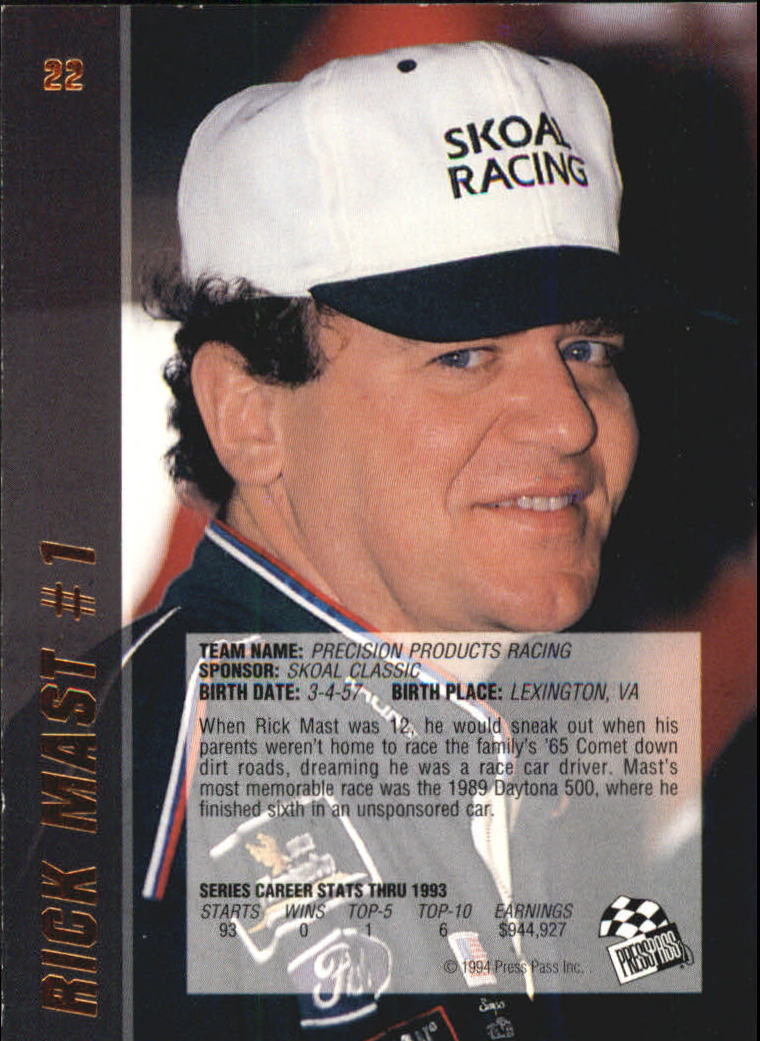 1994 VIP #22 Rick Mast back image