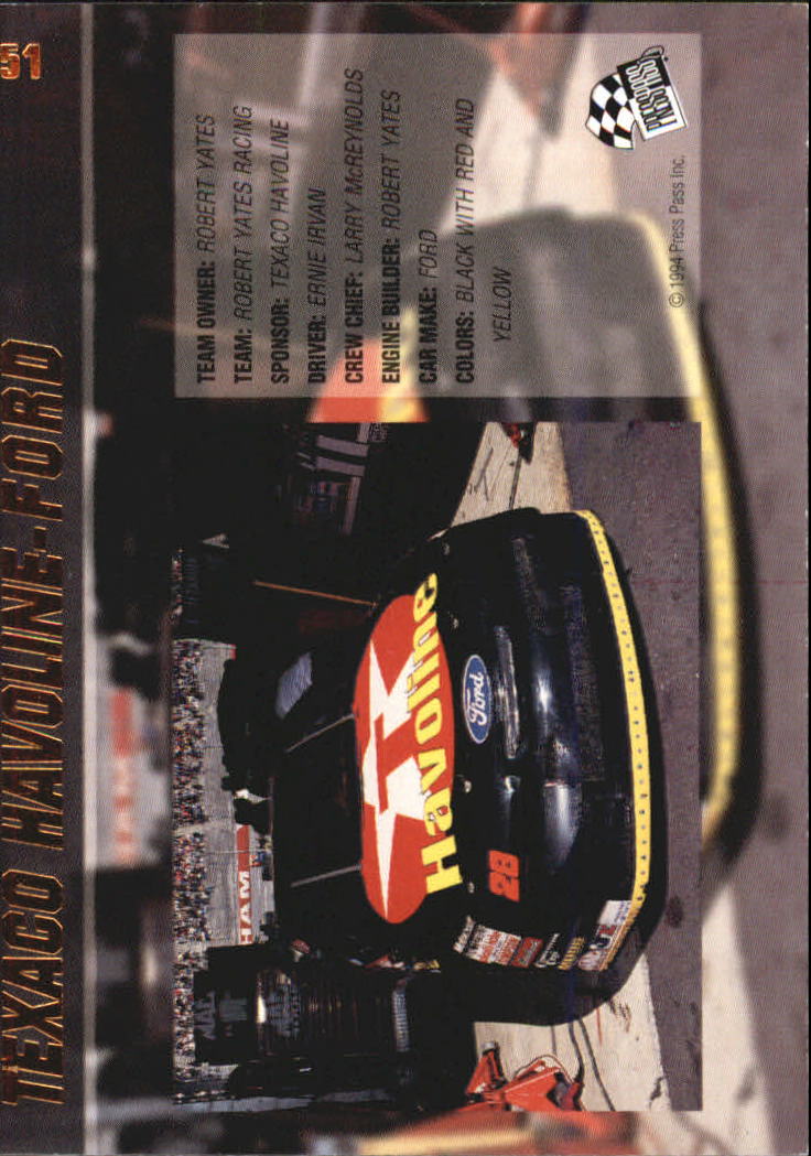 1994 VIP #51 Ernie Irvan w/Car back image