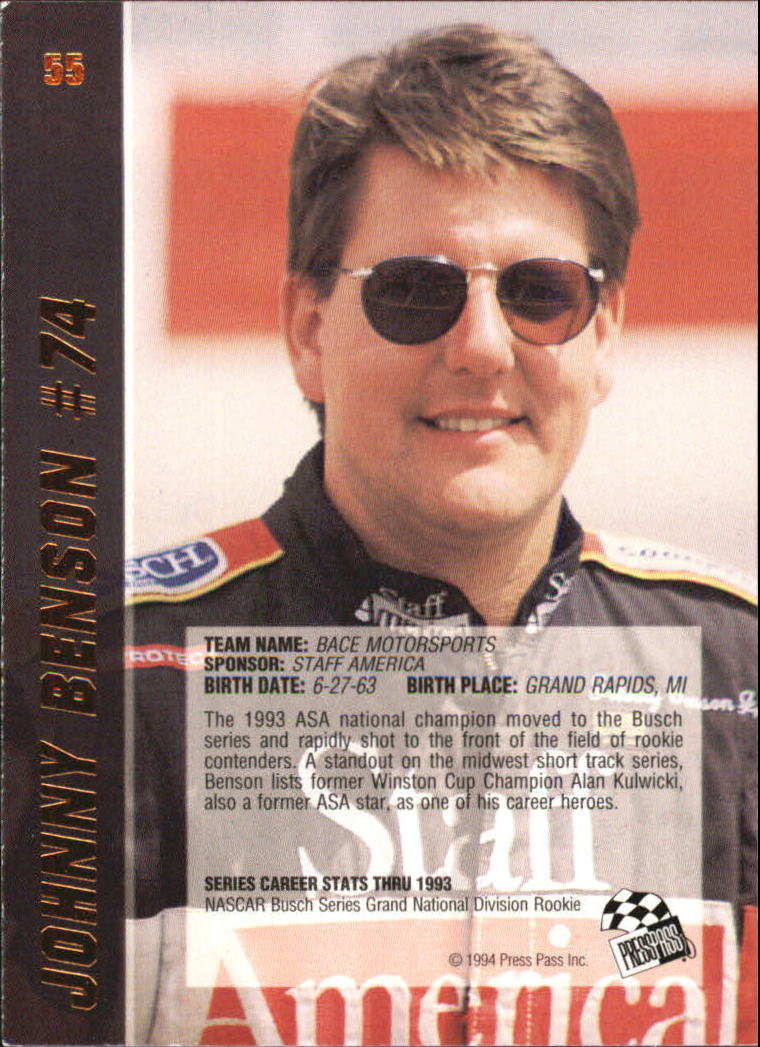 1994 VIP #55 Johnny Benson RC back image
