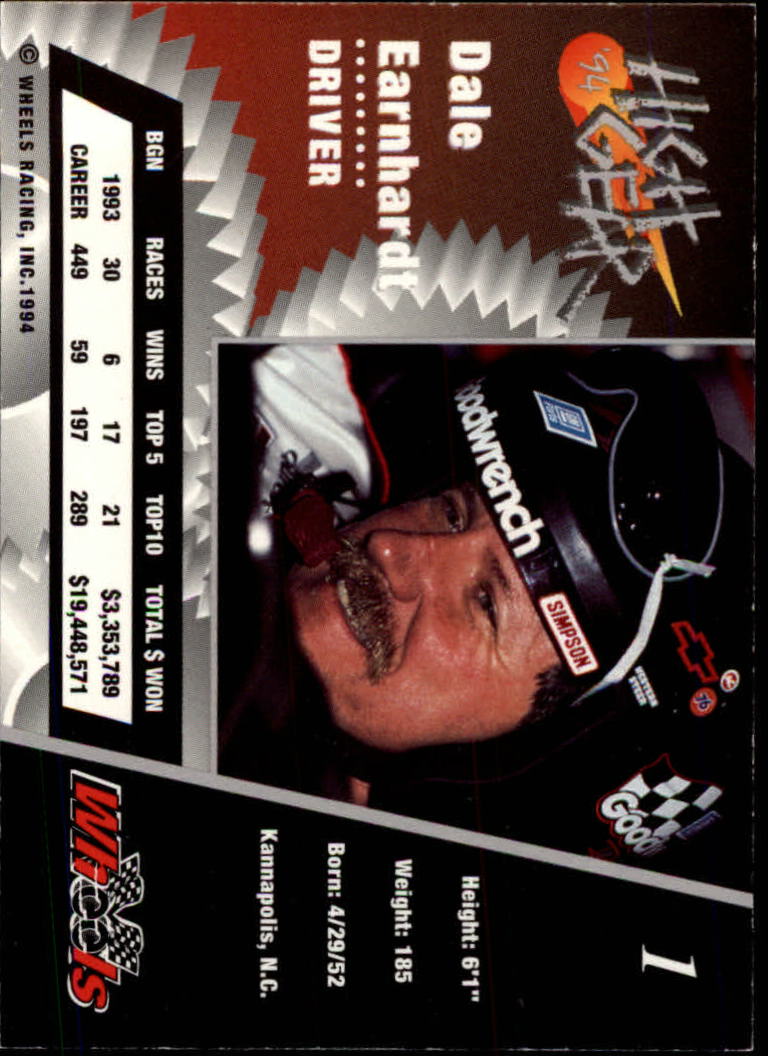 1994 Wheels High Gear #1 Dale Earnhardt back image