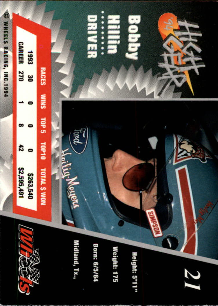 1994 Wheels High Gear #21 Bobby Hillin back image