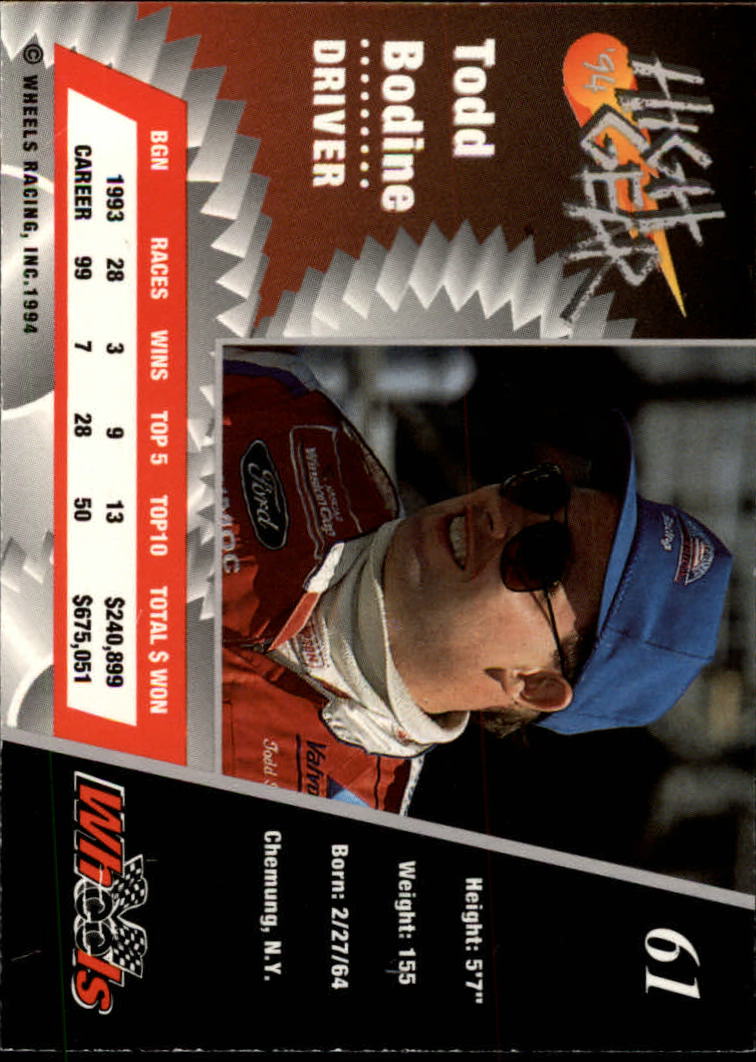 1994 Wheels High Gear #61 Todd Bodine back image