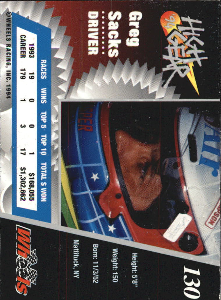 1994 Wheels High Gear #130 Greg Sacks back image