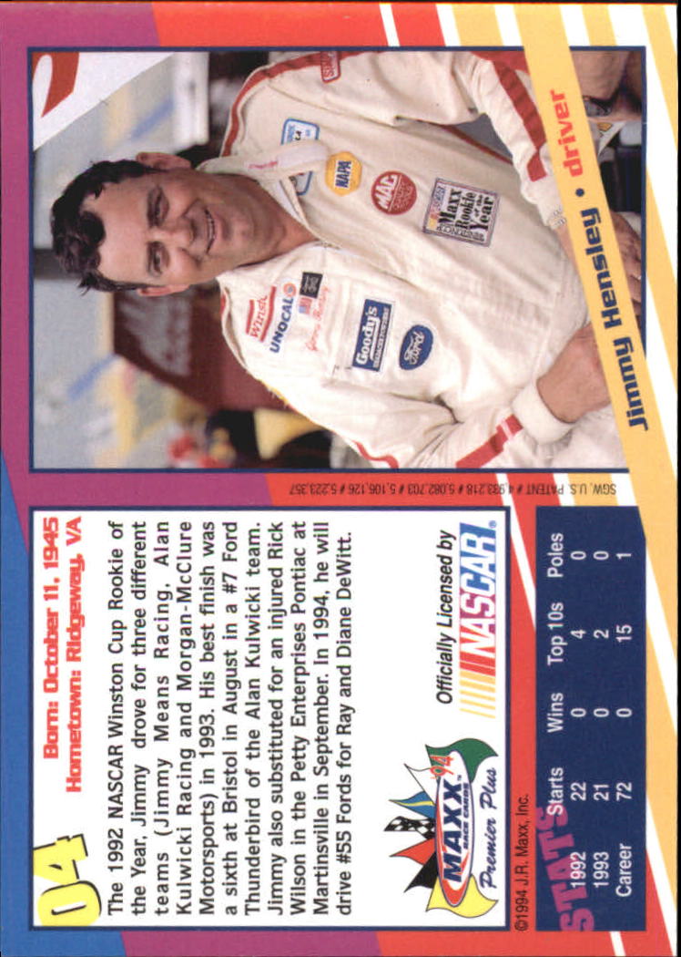 1994 Maxx Premier Plus #4 Jimmy Hensley back image