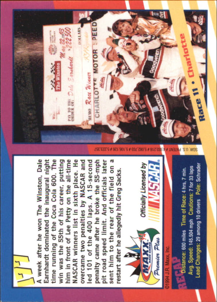 1994 Maxx Premier Plus #177 Dale Earnhardt/Year in Review back image