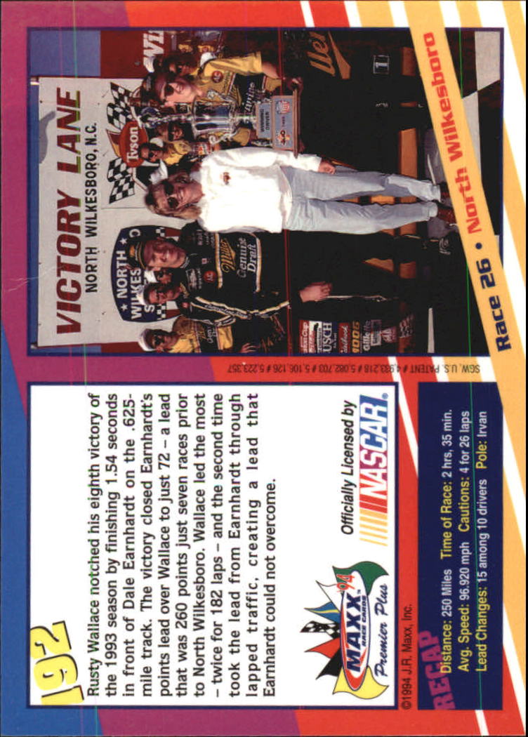 1994 Maxx Premier Plus #192 Rusty Wallace/Year in Review back image