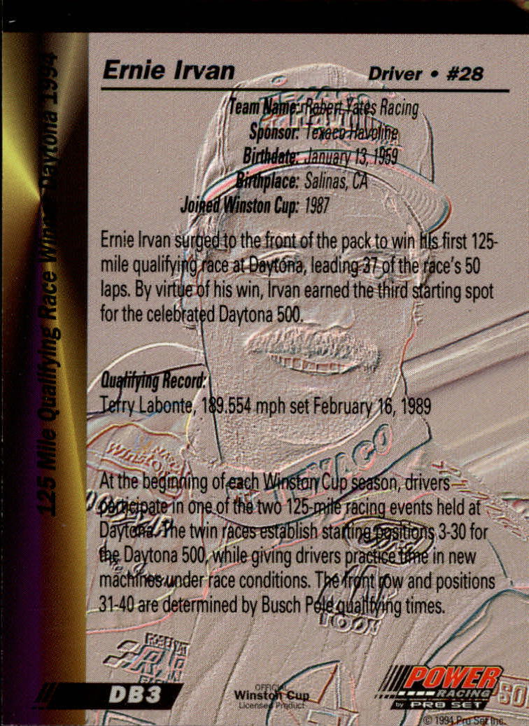 1994 Power #DB3 Ernie Irvan DB back image