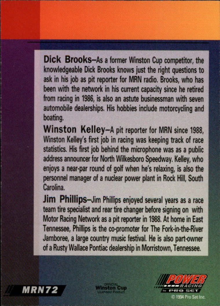 1994 Power #MR72 Dick Brooks/Winston Kelley/Jim Phillips MR back image