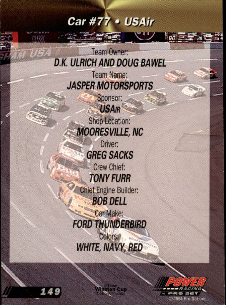 1994 Power #149 Greg Sacks' Car back image