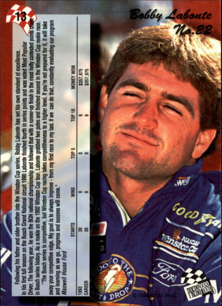 1994 Press Pass #13 Bobby Labonte back image
