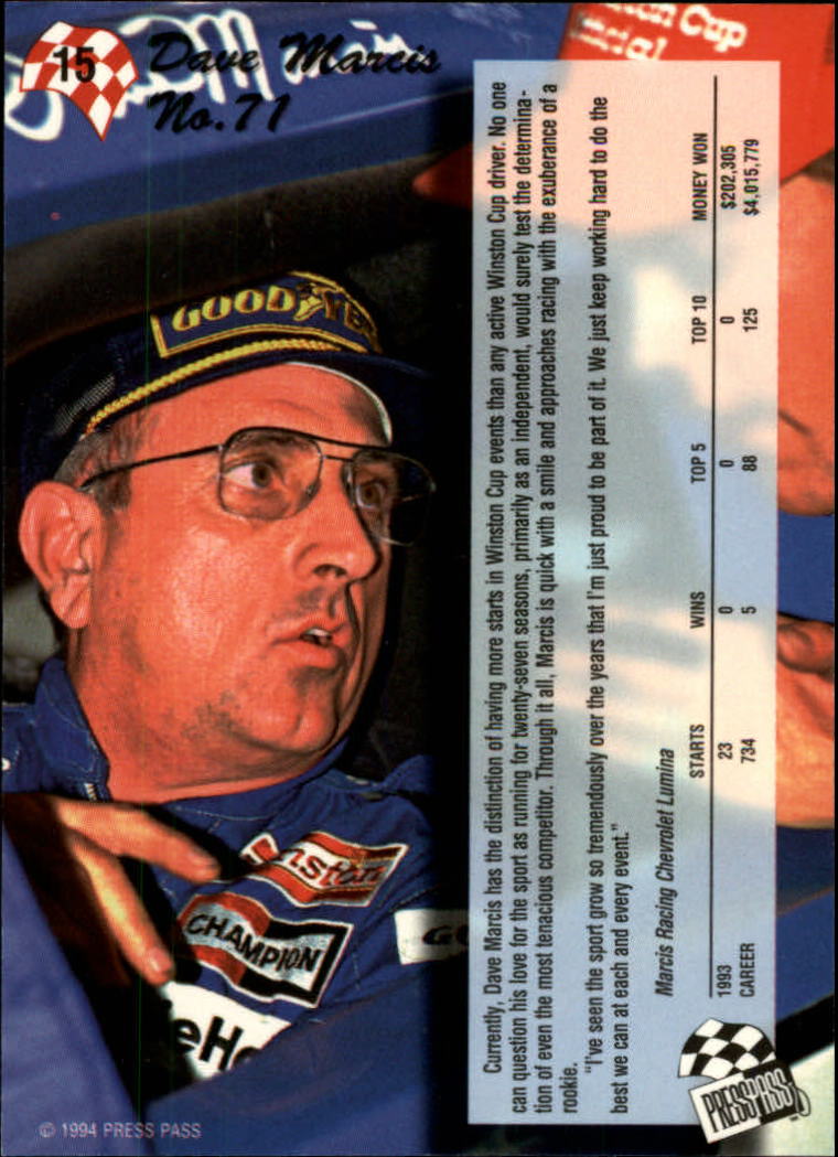 1994 Press Pass #15 Dave Marcis back image